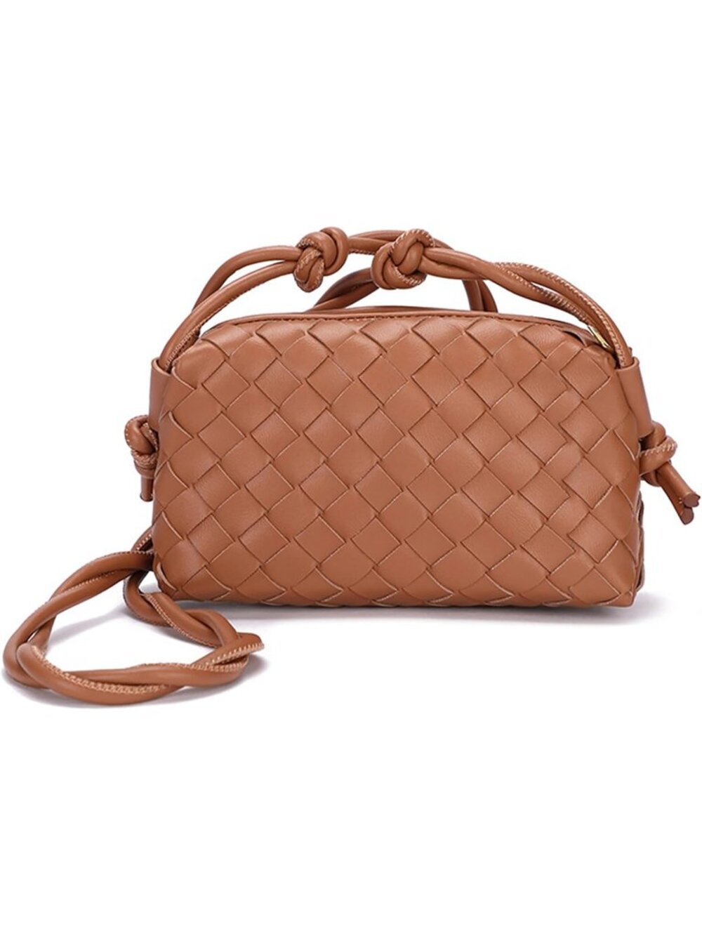 Womens Brown Woven Small Vegan Leather Purse Zipper Crossbody Shoulder Bag